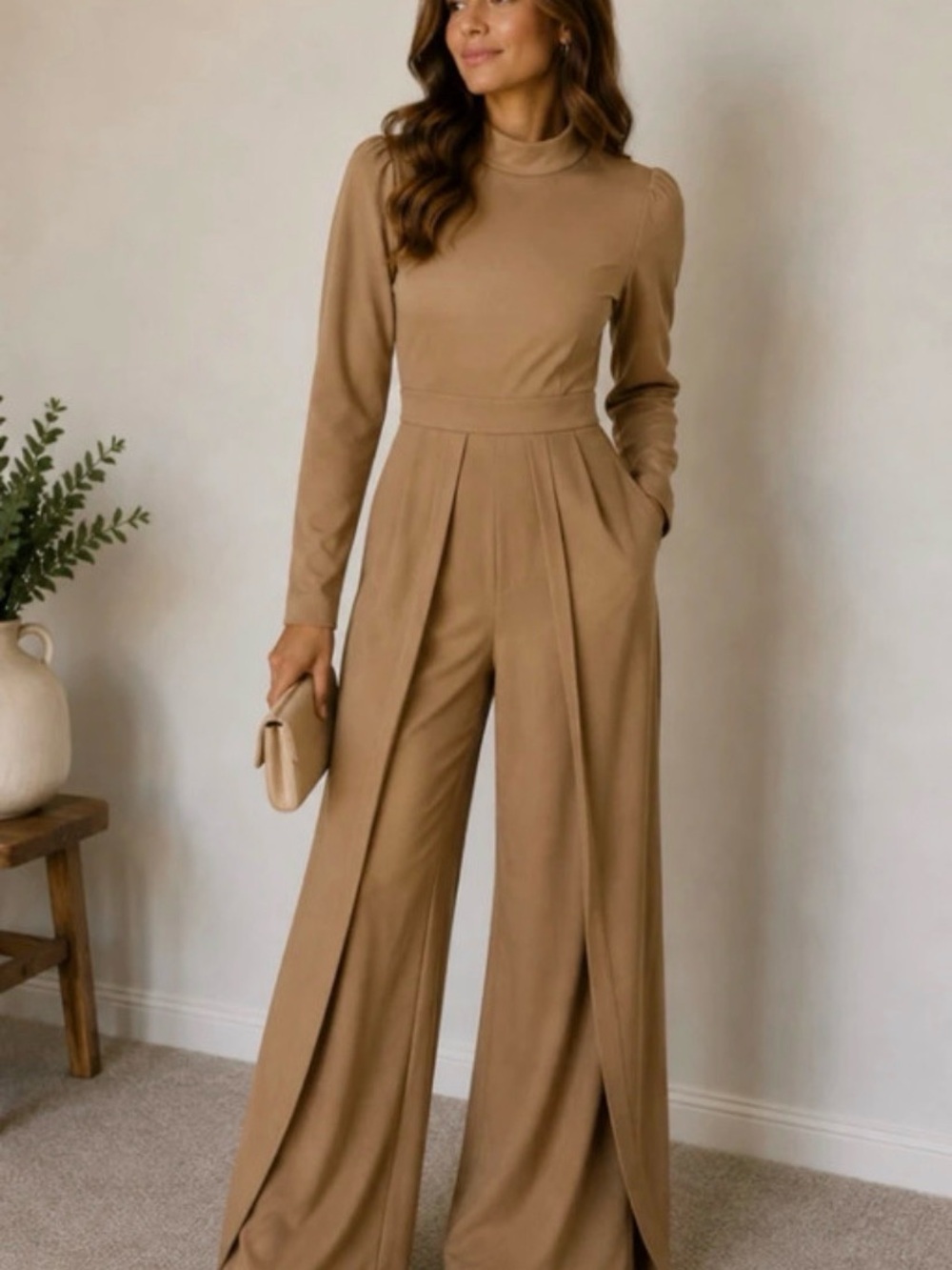 SHEIN Taupe High-Waist Wide-Leg Mock Neck Jumpsuit